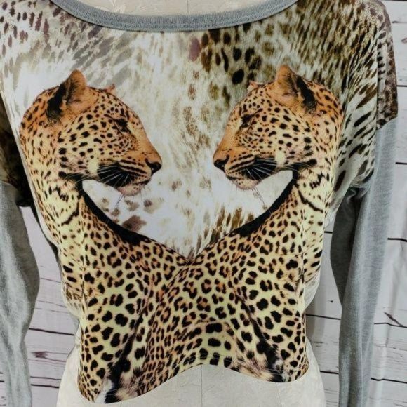 Tmani Crop Long Sleeve Cheetah Animal‎ Print Blouse Large - Picture 2 of 5
